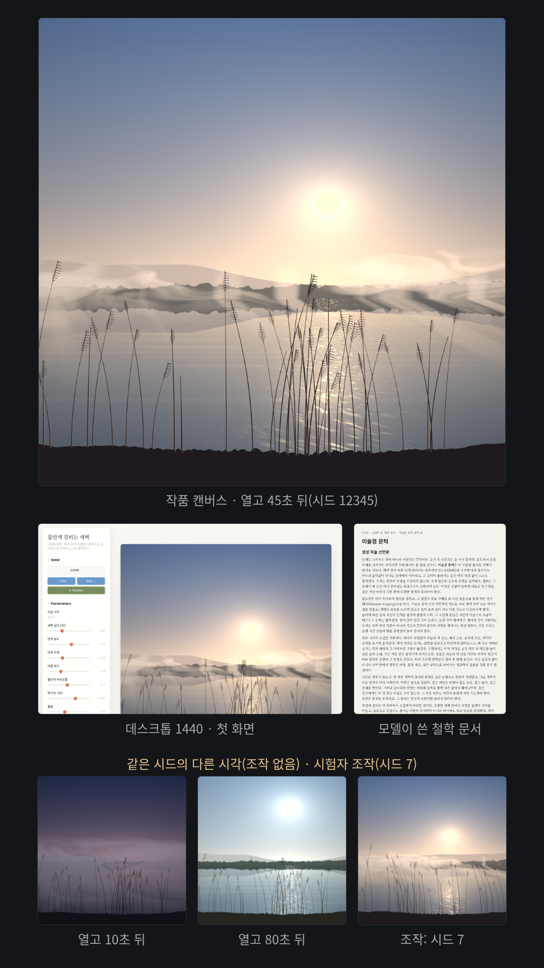 새벽 강가의 안개를 움직이는 작품으로 요청. 모델이 철학 「이슬점 문턱」(한국어)을 쓰고 「물안개 걷히는 새벽」을 만들었다: 하늘·강·안개를 WebGL 버퍼로 그리며 기본 120초마다 남빛 밤→여명→해돋이→아침으로 돌고, 해가 오르면 안개가 걷히며 물 위 반짝임과 갈대가 움직인다(시험자 캡처: 열고 10초·45초·80초). 사이드바에 '지금 시각'과 슬라이더 8개.