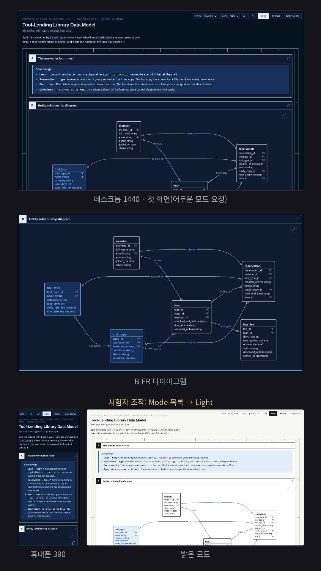 영어 질문: 공구 대여점 데이터 모델을 엔터티 6개의 ER 다이어그램(키·관계 표시)과 예약 상태 흐름도로 그린 어두운 모드 페이지