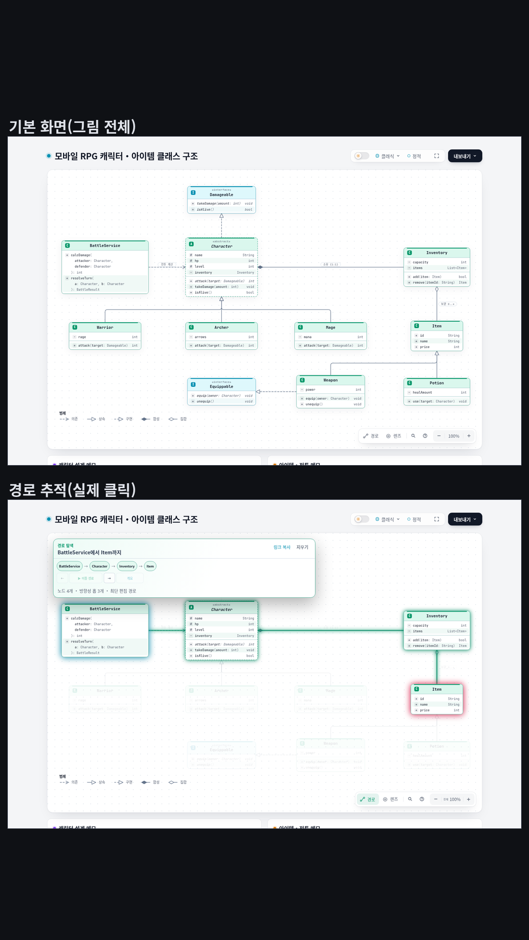모바일 RPG 캐릭터·아이템 클래스 다이어그램(이름은 영어, 메모는 한국어): 인터페이스 Damageable·Equippable, 추상 클래스 Character와 Warrior·Archer·Mage 상속, Character–Inventory 합성(1:1), Inventory–Item 집합(0..*), Weapon·Potion 상속, Weapon의 Equippable 구현, BattleService의 Character 의존.