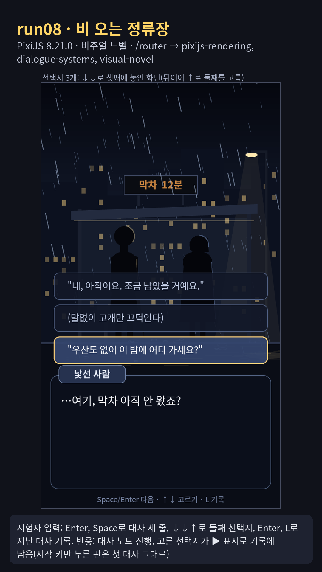 버스 정류장 비주얼 노벨 '비 오는 정류장'(PixiJS 8.21.0, 세로): 대본을 노드·선택지·조건 변수 데이터(script.js)와 진행기(runner.js)로 나눔, 결말 3개, 빗방울 260개, 한 글자씩 나오는 대화창, L 지난 대사 기록. 녹화에서 대사 세 줄 뒤 선택지 3개 중 둘째('말없이 고개만 끄덕인다')를 골랐고 기록에 ▶ 표시로 남았다