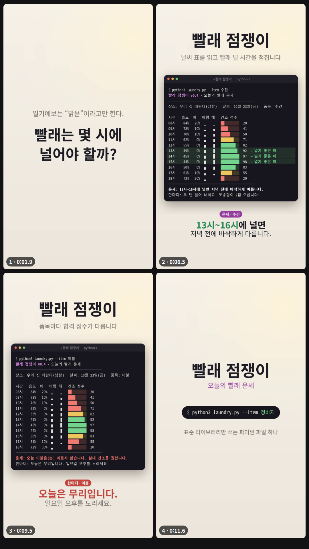 웹페이지가 없는 가상 터미널 도구 '빨래 점쟁이'로 만든 12초 세로 영상(4장면, polished): '일기예보는 "맑음"이라고만 한다.' → '빨래는 몇 시에 널어야 할까?' → 터미널에 python3 laundry.py --item 수건을 치면 실제 출력이 줄마다 차례로, 13~15시 줄에 초록 띠와 '13시~16시에 널면' → '수건'을 지우고 '이불'을 치면 '오늘은 무리입니다.' → 품목이 바뀌며 도는 명령 알약과 '표준 라이브러리만 쓰는 파이썬 파일 하나'.