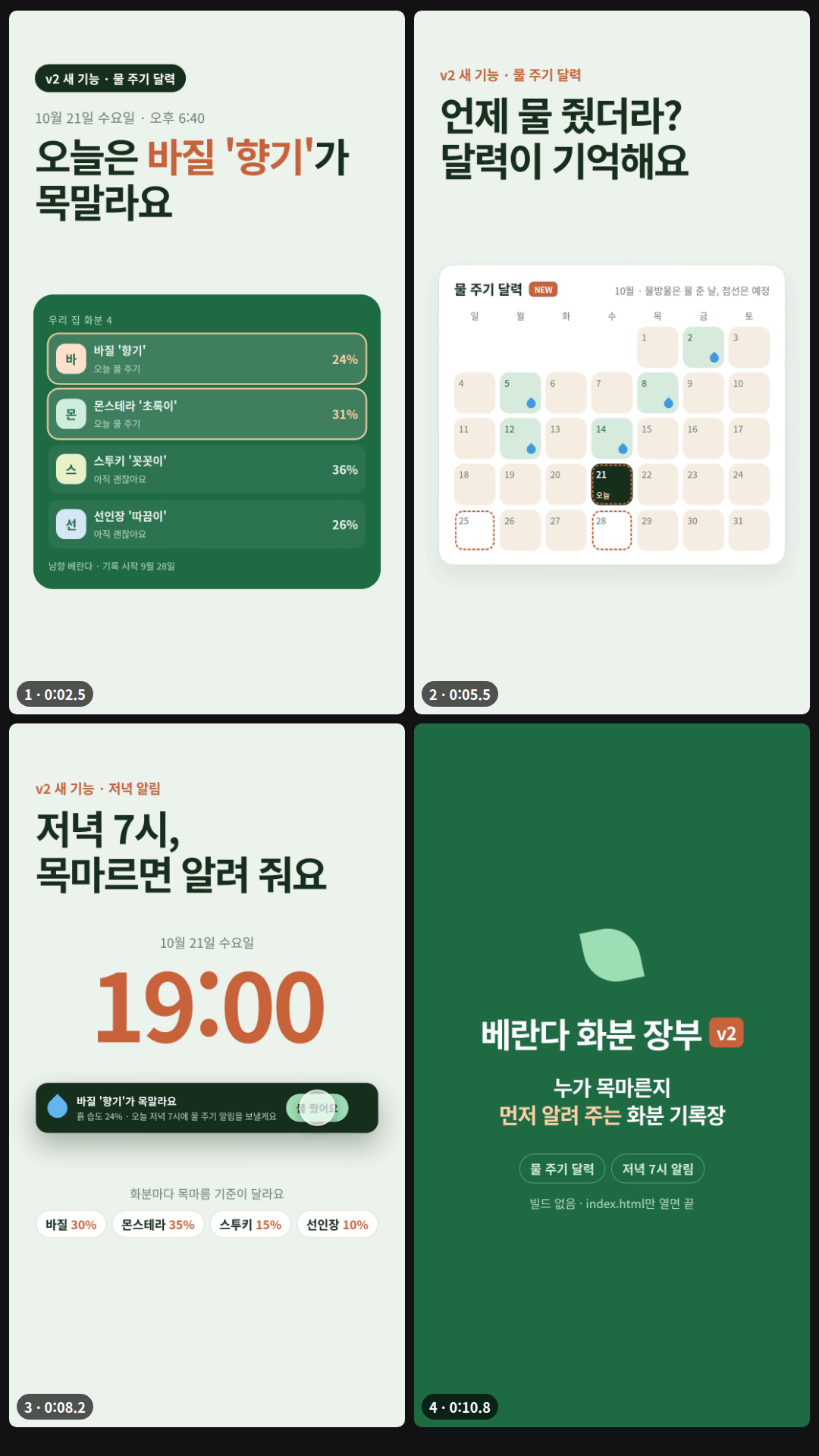 가상 화분 기록장 '베란다 화분 장부'의 v2 기능만 보여 주는 12초 세로 영상(4장면, default): 앱 첫 화면 제목 '오늘은 바질 '향기'가 목말라요'와 화분 목록(습도 숫자는 app.js의 실제 기록) → '언제 물 줬더라? 달력이 기억해요'와 물방울·점선 예정일이 찍힌 10월 달력 → 시계가 19:00이 되며 '바질 '향기'가 목말라요' 알림, '물 줬어요' 누르기, 화분별 기준(바질 30%·몬스테라 35%·스투키 15%·선인장 10%, CHANGELOG 값) → 초록 아웃트로 '누가 목마른지 먼저 알려 주는 화분 기록장'.