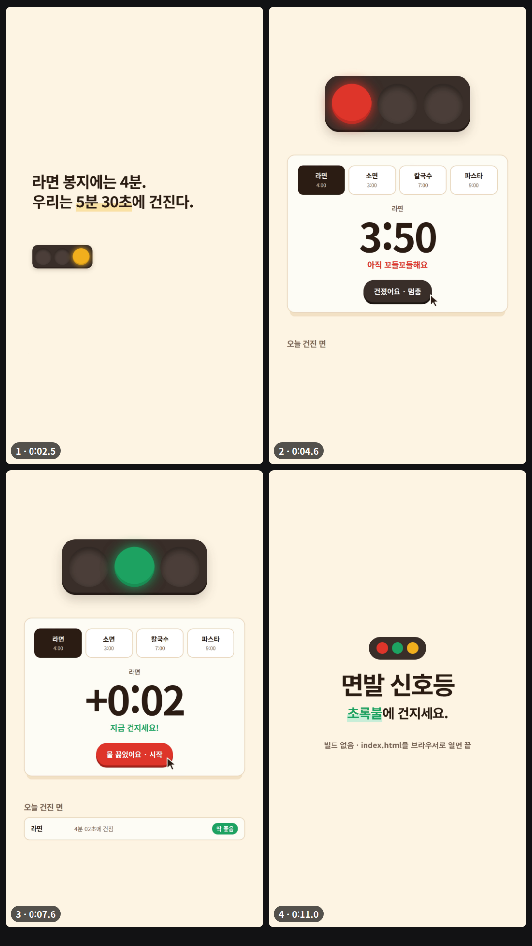 run02와 같은 '면발 신호등'을 deadpan으로 만든 12초 세로 영상(3장면): 텅 빈 크림색 화면에 README 문장 '라면 봉지에는 4분. 우리는 5분 30초에 건진다.'와 작은 노란불 하나 → 실제 앱 화면에서 시작을 누르면 빨간불 '아직 꼬들꼬들해요', 시계가 빠르게 흘러 초록불 '지금 건지세요!', 멈춤 뒤 '라면 4분 02초에 건짐 · 딱 좋음' 기록 → 로고와 '초록불에 건지세요.' run02(chaotic, 4장면, 플래시·흔들림·−11.7 LUFS)와 같은 앱인데 빈 공간과 느린 페이드, 잔잔한 소리(−16.0 LUFS)로 완전히 다르게 나왔다.