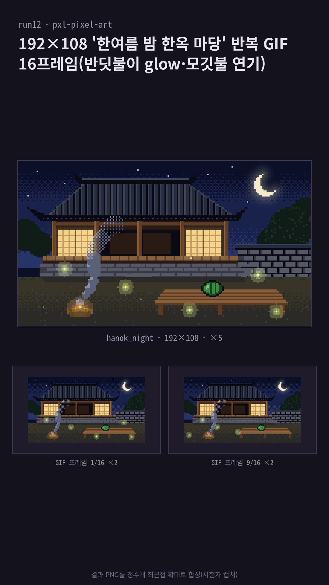 192×108 '한여름 밤 한옥 마당' 16프레임 반복: 끝이 들린 기와지붕과 불 켜진 창호지 문, 툇마루·돌 기단, 기와 얹은 돌담과 초승달, 평상 위 수박 한 통, 짚더미 모깃불에서 오른쪽으로 흘러 퍼지는 연기, 켜졌다 꺼지며 떠다니는 반딧불이 8마리(켜질 때만 glow). 8fps로 지정했고 GIF에는 프레임당 130ms(한 바퀴 2.08초)로 저장됐다. 모델은 미리보기로 첫 프레임만 확인했다고 밝혔다