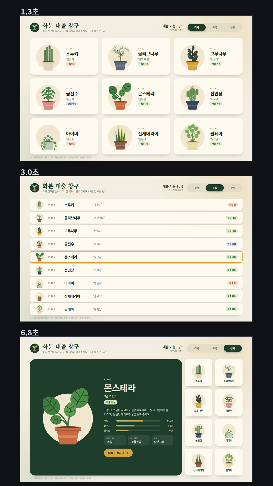 가상의 식물 대여소 '화분 대출 창구' 카드 9장 레이아웃 전환(1440×900, 6.0초): SVG 화분 카드가 3×3 격자로 나타난 뒤 한 줄 목록으로 바뀌고, '몬스테라' 줄에 테두리가 켜진 다음 그 카드가 짙은 초록 큰 상세 카드로 펼쳐지며 나머지 8장은 오른쪽 2열 썸네일로 줄어든다. 전환마다 카드가 제자리에서 미끄러지듯 이어지고, 위쪽 '격자/목록/상세' 탭 표시도 옆 칸으로 옮겨 간다. 상세 카드에는 햇빛·물주기·난이도 막대와 '대출 신청하기' 버튼.