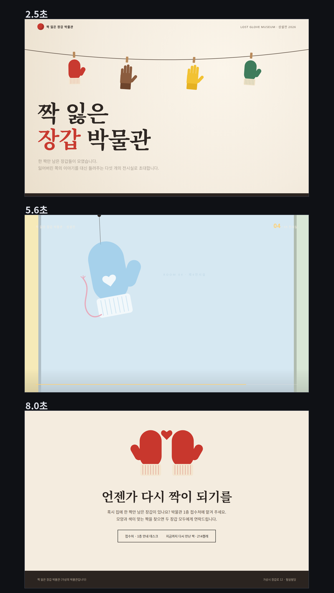 가상의 '짝 잃은 장갑 박물관' 전시 소개 페이지(1440×900): 빨랫줄이 그려지고 장갑 네 짝이 튕기며 매달린 뒤 제목이 한 글자씩 올라오는 첫 화면, 이어서 화면에 고정된 구간에서 세로 스크롤에 맞춰 입구와 전시실 5칸(빨간 털실 벙어리장갑·갈색 가죽 운전 장갑·노란 고무장갑·하늘색 아기 손모아장갑·초록 오븐 장갑)이 가로로 지나가고, 각 방의 장갑과 사연 글이 그 칸이 들어올 때 차례로 나타난다. 끝에서는 두 장갑이 다가가 하트가 뜨고 '언젠가 다시 짝이 되기를'.