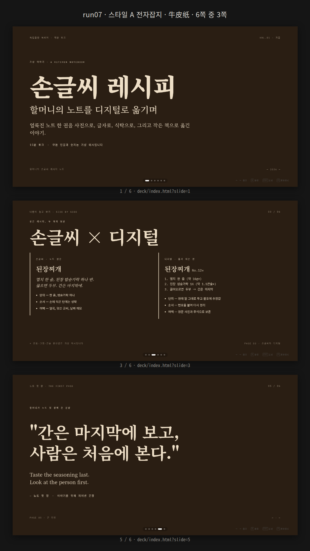 독립출판 북페어 토크용 「손글씨 레시피」 덱. 스타일 A·牛皮纸 6쪽: 갈색 표지 → 레시피 87개·한 줌·밥숟가락 숫자 쪽 → 같은 된장찌개 레시피의 손글씨 원문과 디지털 판 비교 → → 키로 켜지는 네 단계 → 큰 인용 '간은 마지막에 보고, 사람은 처음에 본다.' → 질문 마무리. 비교용 그램 환산값(약 10g 등)은 모델이 지어 넣고 *로 가상 표시했다.