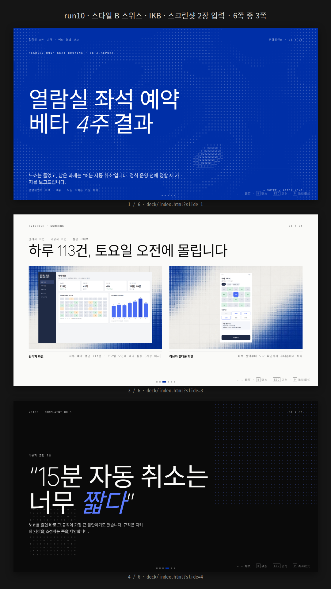 관리자 화면·휴대폰 화면 스크린샷 2장을 넣은 도서관 운영위원회 보고 덱. 스타일 B·IKB 6쪽: IKB 표지 → 노쇼 11%→4% 비교(S08) → 스크린샷 두 장을 스킬 내장 배경 ikb-dot-gradient.webp 위에 16:10으로 얹은 이미지 두 칸(S16) → 불만 1위 문장(S10) → 다음 단계 타임라인(S11) → 승인 요청 마무리. python3(PIL) 합성이 막혀 배경 합성은 CSS로 했다.