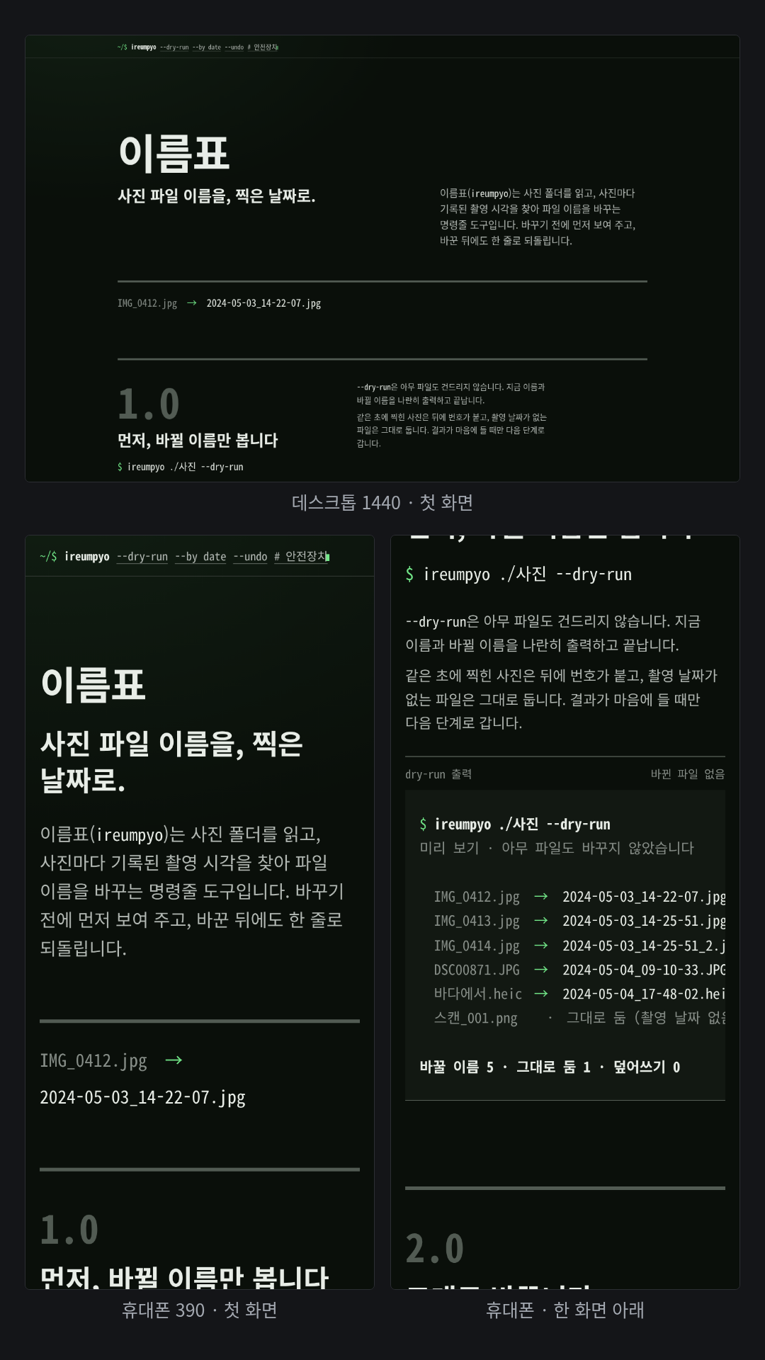 가상 명령줄 도구 '이름표(ireumpyo)' 제품 페이지(Terminal 지정, 영어 요청). 짙은 녹색 바탕에 형광 녹색 강조, 고정폭 제목. 머리는 '~/$ ireumpyo --dry-run --by date --undo # 안전장치'와 깜빡이는 커서, 본문은 1.0 --dry-run → 2.0 --by date → 3.0 --undo 순서이고 dry-run 출력(바꿀 이름 5 · 그대로 둠 1 · 덮어쓰기 0)을 가짜 터미널 창 없이 선과 라벨로 보여 준다.