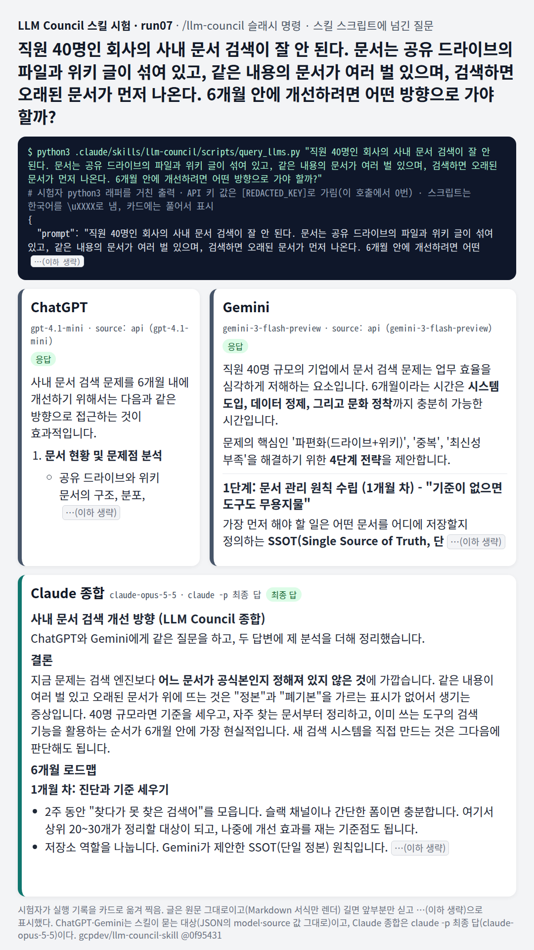 사내 문서 검색: Claude가 두 답을 받아 '정본 표시 먼저, 새 검색 시스템은 나중' 6개월 로드맵을 짜고 직접 구축안(ChatGPT)은 과하다고 걸렀다