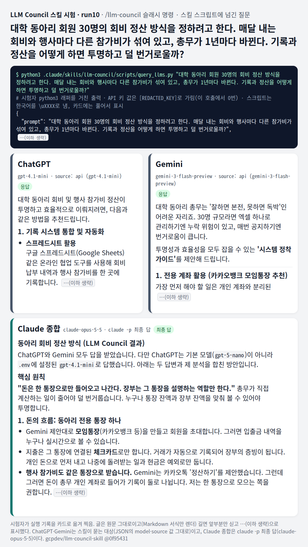 동아리 회비 정산: Claude가 '돈은 한 통장으로만' 원칙으로 두 답을 합치고, 행사비 개인 계좌 정산(Gemini)·사업자용 회계 프로그램(ChatGPT)은 맞지 않는다고 걸렀다
