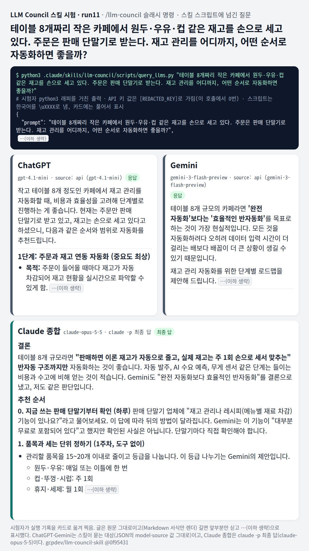 작은 카페 재고: Gemini의 '완전 자동화보다 반자동화' 결론으로 단계 순서를 짜고, ChatGPT가 든 앱 이름은 실재를 확인하지 못했다고 밝혔다